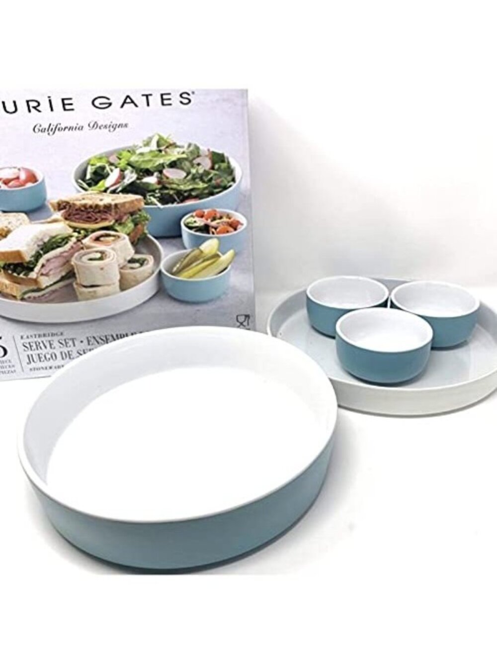 Laurie Gates California Designs Serve Set 5 Pieces White Light Blue New In Box - Picture 2 of 6